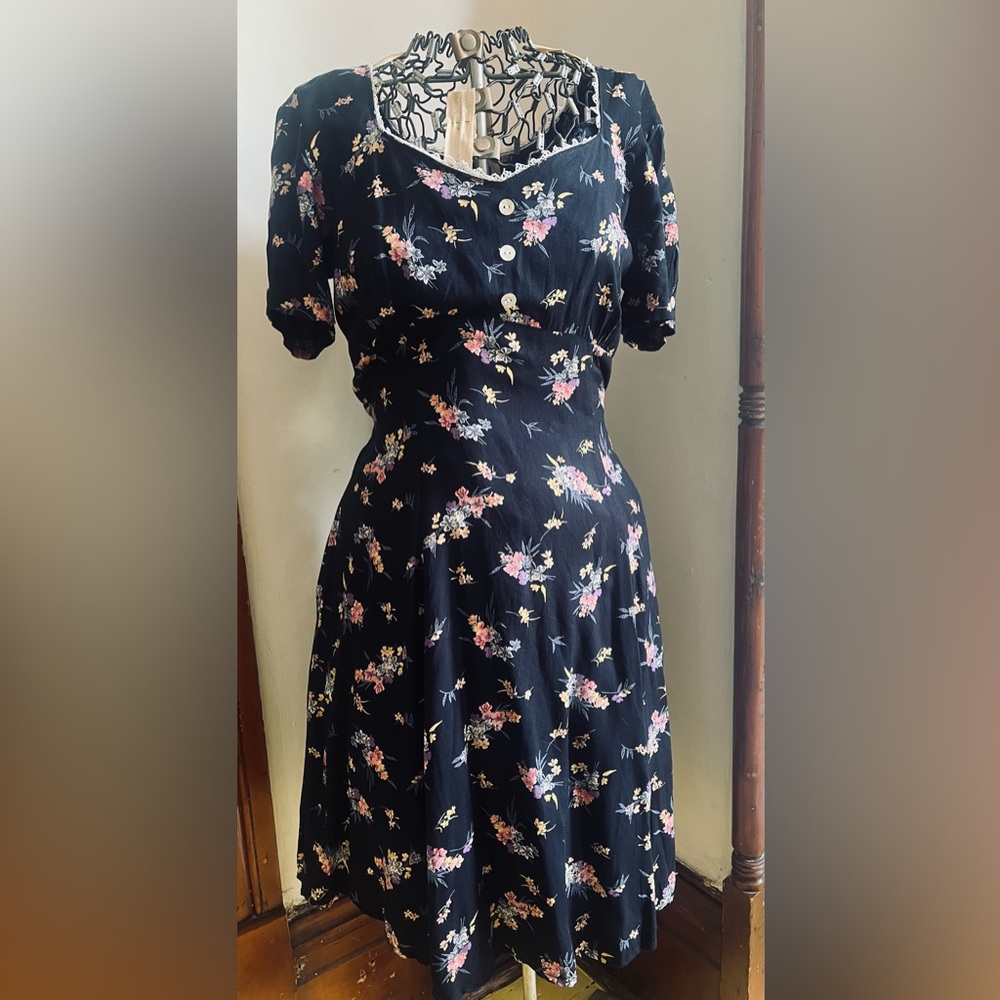 Retro 90s Does 40s Floral Black Grunge Dress